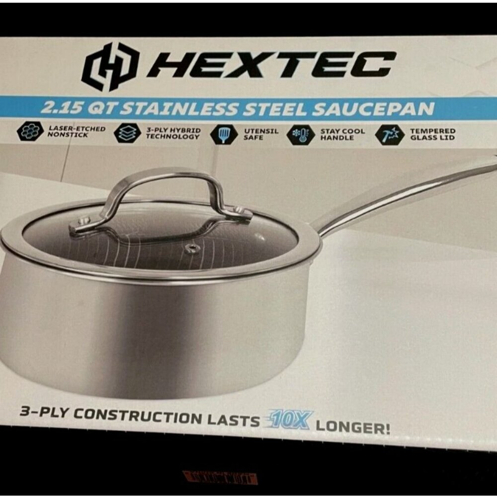 HEXTEC 2.15 Qt 3 Ply Hybrid Sauce Sauce Pan w/ Tempered Glass Lid - NIB